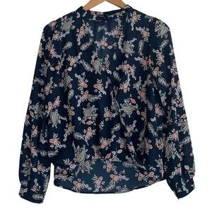 Lush Paisley Floral V-Neck Choker Collar Wrap Blouse Blue Size Extra Small